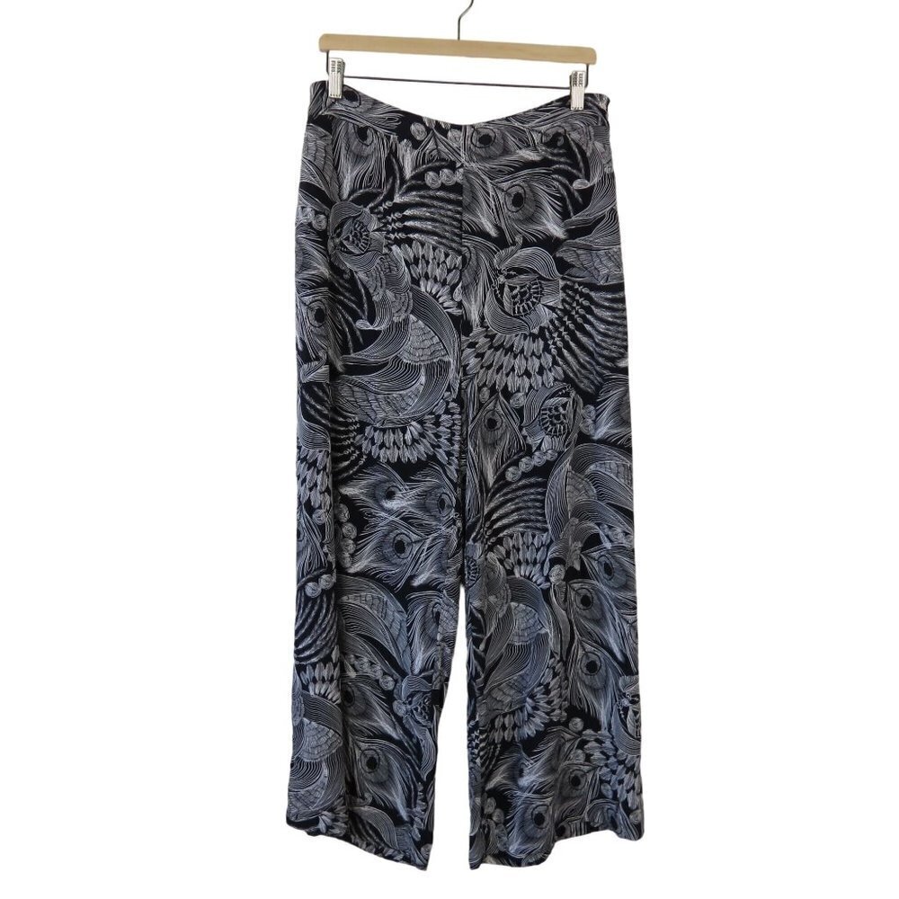 ROBERT GRAHAM Women's Black & White Peacock Print Silk Wide Leg Pants 10